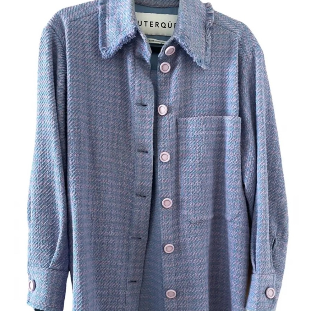 Blue Button-Up Shirt with Pink Accents